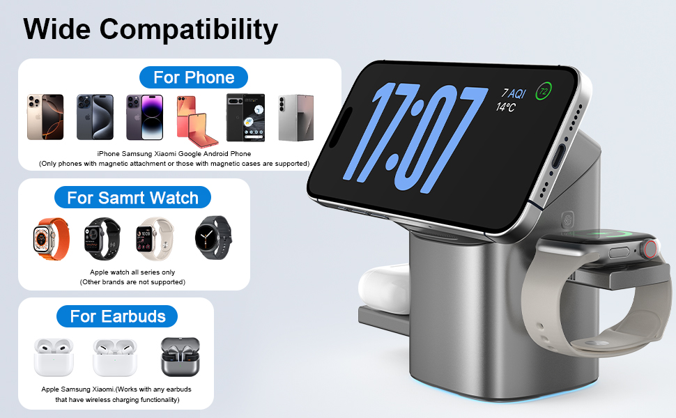 Зарядна станція QI2 3-в-1: бездротовий зарядний пристрій для iPhone, AirPods, iWatch з охолодженням та тримачем, 33W адаптер, срібний