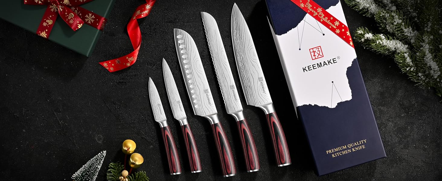 Професійний набір кухонних ножів KEEMAKE (5 предметів) з гострої нержавіючої сталі та ручкою з паккавуда, включаючи ніж сантоку та ніж для хліба, у подарунковій коробці