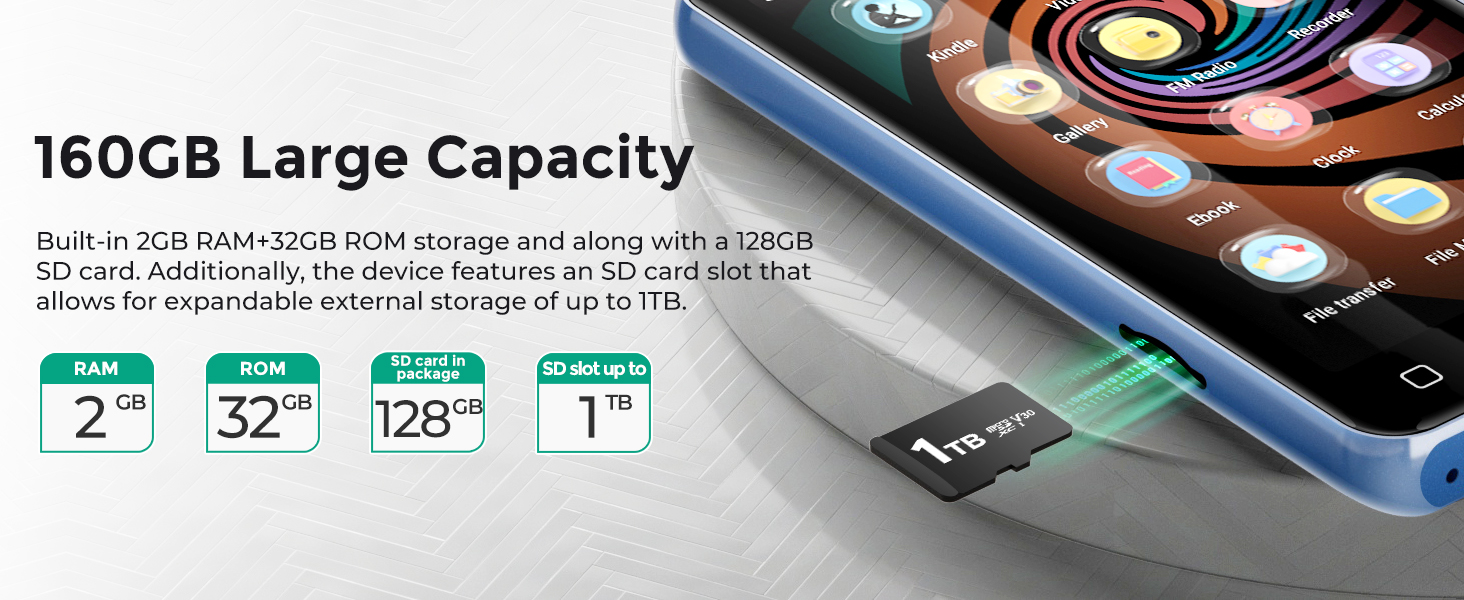 MP3 плеєр 160GB з Bluetooth та WiFi, Android плеєр для дітей з сенсорним екраном 4