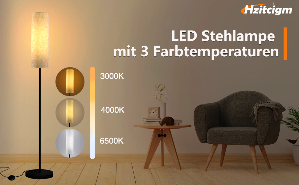 LED торшер для вітальні Hzitcigm: сучасний дизайн, 3 колірні температури, 12W, E27, з абажуром з льону, регулювання за допомогою вимикача, 175 см