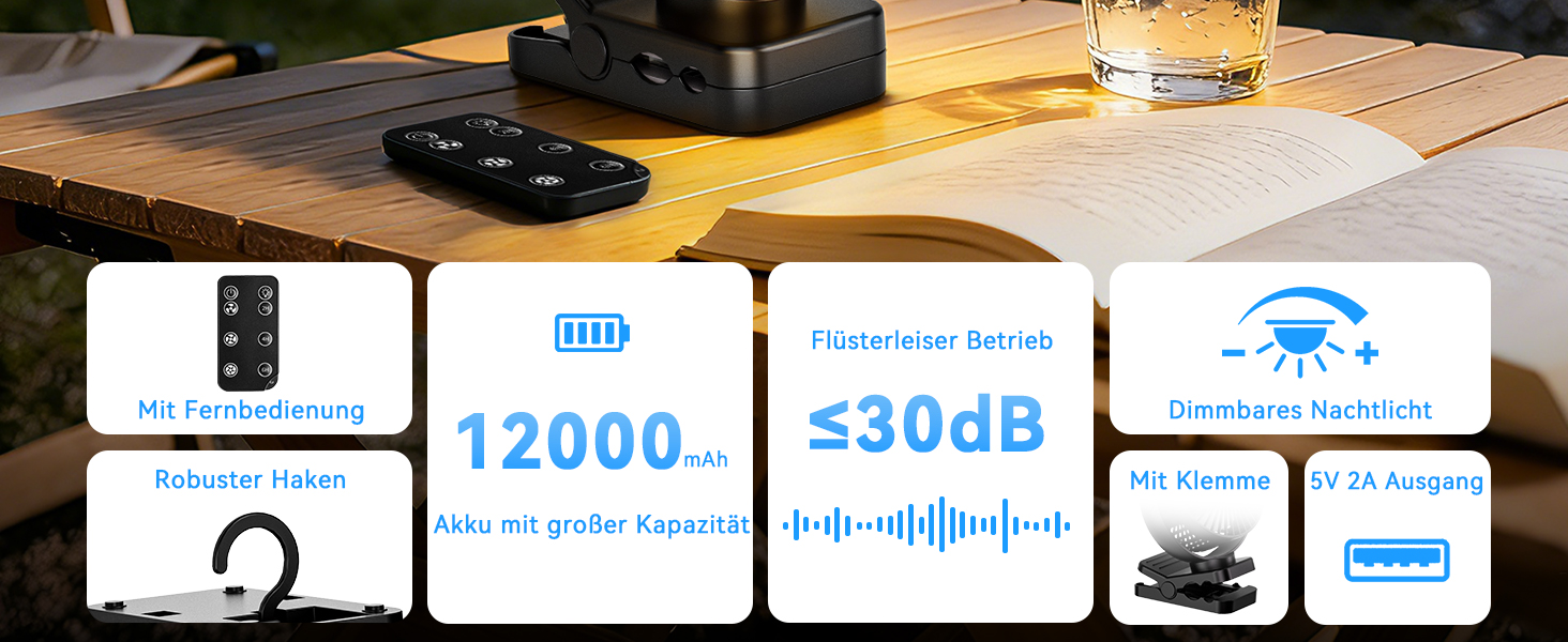 Вентилятор USB настільний з акумулятором 12000mAh, кліпсовий кемпінговий з пультом, світлом та таймером, 3 швидкості, до 44 год роботи
