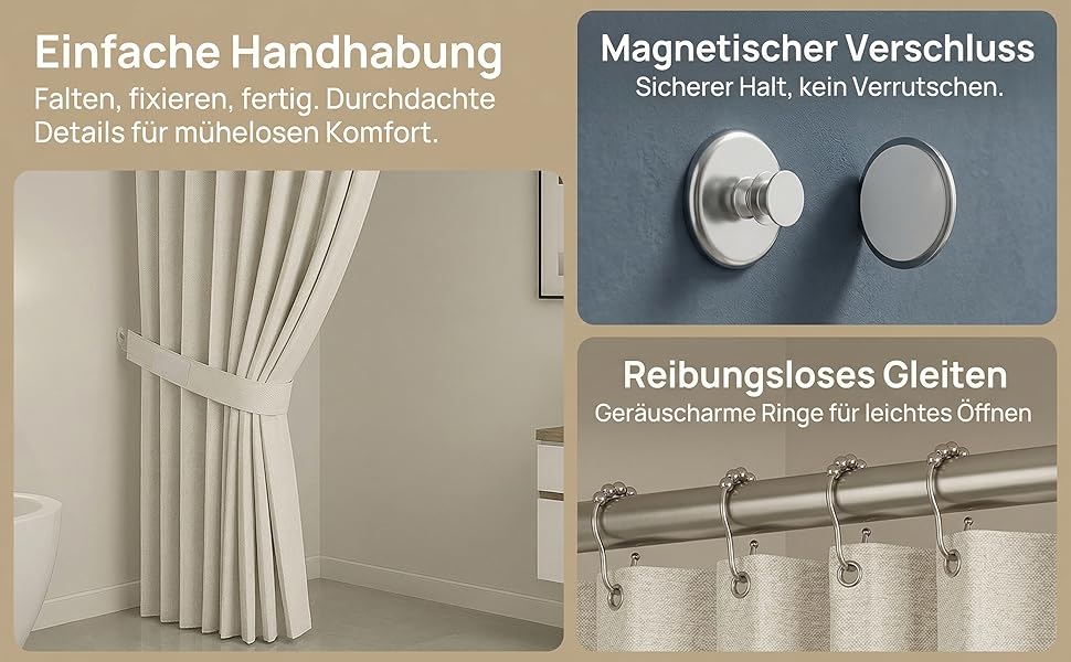 Штора для ванної кімнати анти-грибок водонепроникна магнітна з гачками, текстильна, 180x200 см, сіра