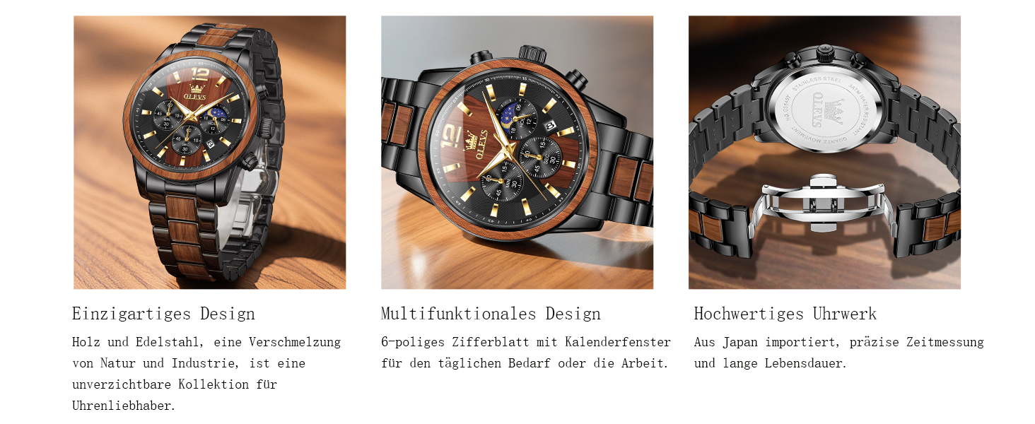 Годинник чоловічий OLEVS 3645-schwarz+braun: аналоговий кварц, дерев'яний ремінець, хронограф, водостійкий, з підсвічуванням. Преміум-якість, ідеальний подарунок.