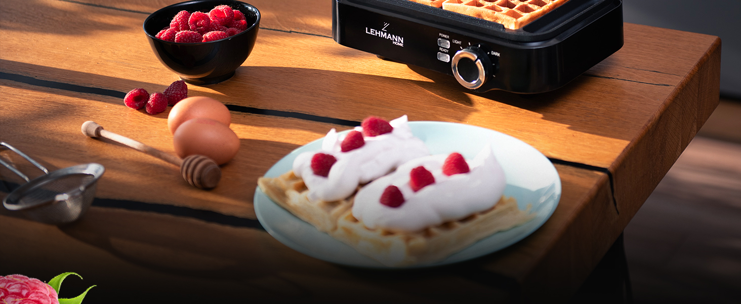 LEHMANN Double Belgian Waffle Maker - 1200W - Non-Stick - Adjustable Temperature - Makes Waffles in 3 Minutes