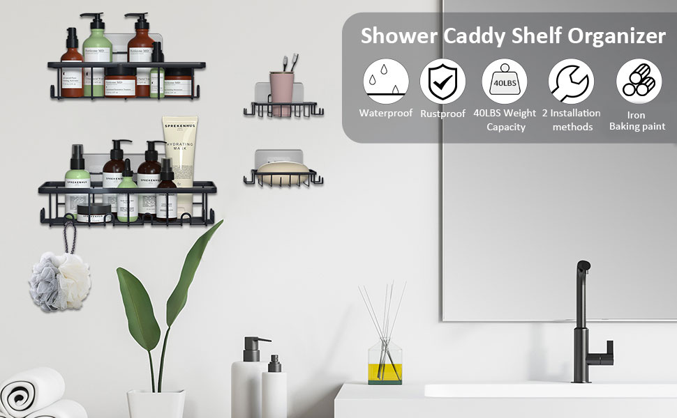 Набір з 6 полиць для душу без свердління, чорний колір, полиця для ванної кімнати з мильничкою, гачки з нержавіючої сталі SUS304, тримач для шампуню, органайзер для кухні/ванної кімнати/автобуса