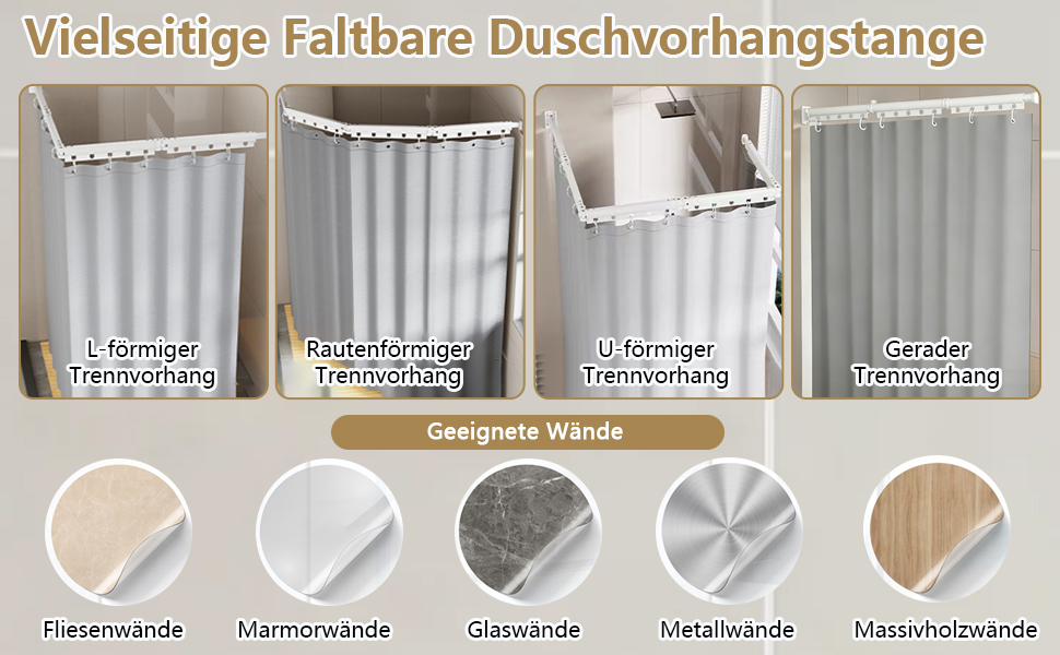 Шторка для душу з розсувною штангою без свердління, 4 секції, обертається, алюмінієвий сплав, водонепроникний антибактеріальний душ-завіса 180x200 см, для ванної кімнати та ванни (білий/сірий)
