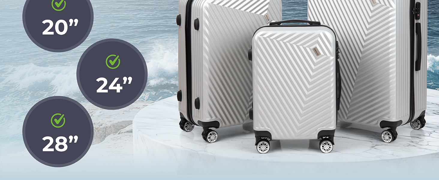 Набір валіз xRace 3 шт. ABS, 20/24/28 дюймів, ручна поклажа, TSA, 360° колеса, стійкий до ударів, преміум підкладка (Сріблястий)