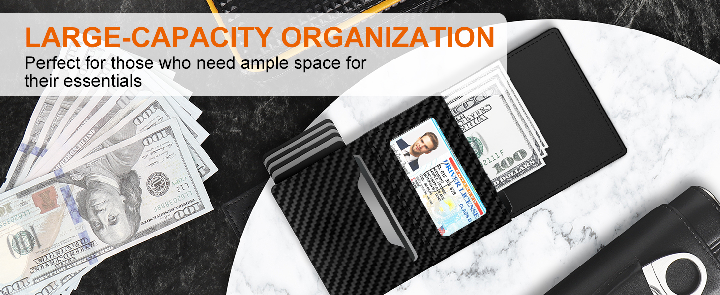 Чоловіче картхолдер/портмоне: Slim модель з відділом для монет, RFID захистом та віконцем для ID, Pop-Up, шкіряне, карбоновий дизайн (чорний)