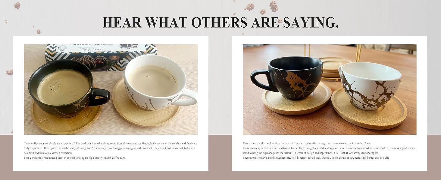 Набір кавових чашок капучіно Home Decor, 4 шт., 220 мл, з металевим підставкою, чорний та білий