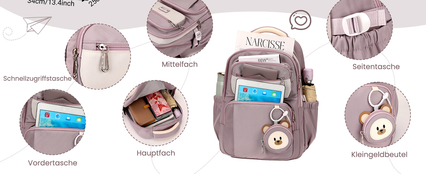 Дитячий рюкзак для дівчинки Kinderrucksack 32L, 2-10 клас, легкий, з дихаючою спинкою та м'якими лямками, для школи, 8+ років, фіолетовий