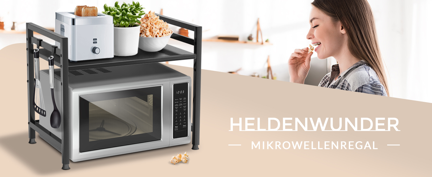 Двоярусна сталева полиця для мікрохвильової печі Heldenwunder, чорна, регульована по висоті та довжині, з антиковзкими ніжками, 8 гачків, інструментами та відеоінструкцією
