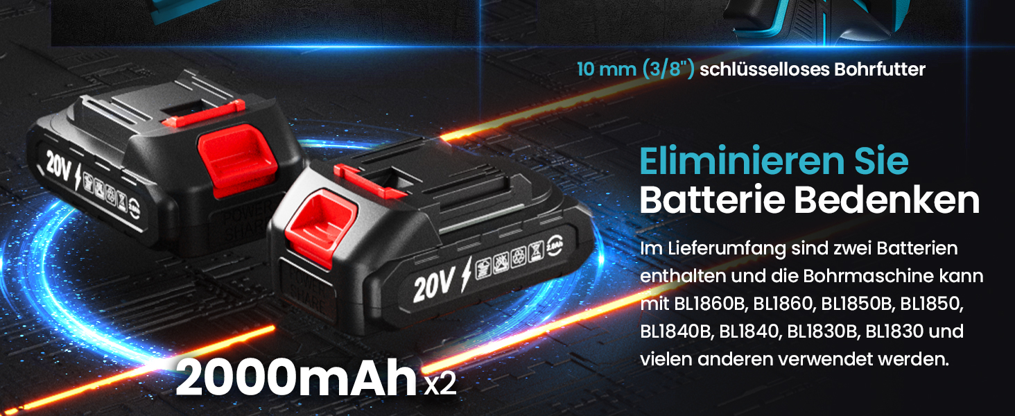 Акумуляторний шуруповерт 20V з 2x 2000mAh акумуляторами, 42Nm, 25+1 момент, LED, сумісний з Makita, для ремонту та DIY, синій