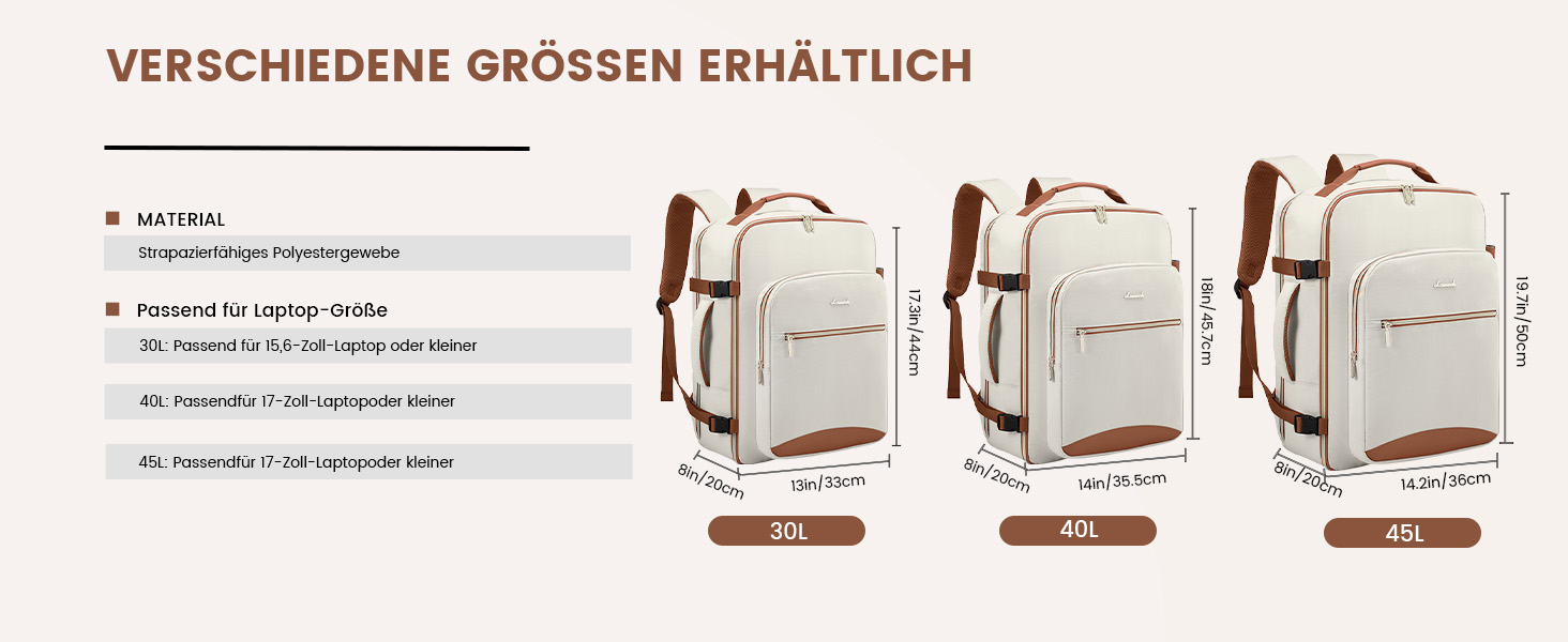 LOVEVOOK Рюкзак для ручної поклажі, 40L, для подорожей, ділових поїздок, валіза-рюкзак, водонепроникний, для ноутбука 17 дюймів, рюкзак для подорожей, кемпінгу, вихідних Beige+braun-30l