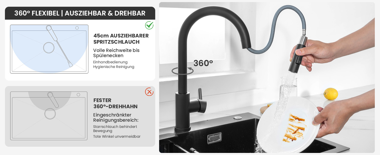 Кран кухонний CECIPA SOFETIY SERIE, чорний, з висувною лійкою, 360° поворот, нержавіюча сталь, двофункціональний