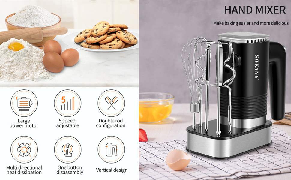 Міксер SOKANY 800W з нержавіючої сталі, 5 швидкостей, 3-в-1 (з гаками для тіста та вінчиками), Sk-02001