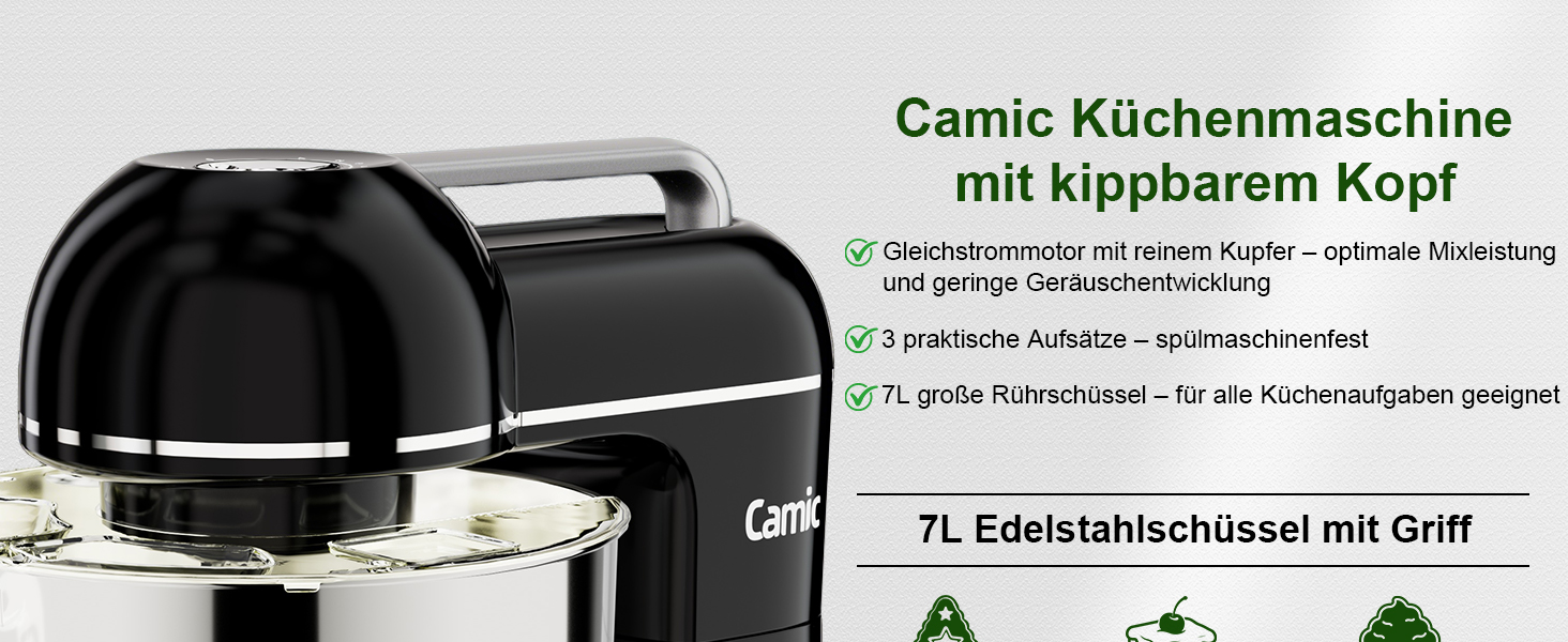 Кухонний комбайн-міксер Camic 2000W, чаша зі сталі 7л, 10 швидкостей, з набором насадок (гак, вінчик) та захистом від бризок, чорний