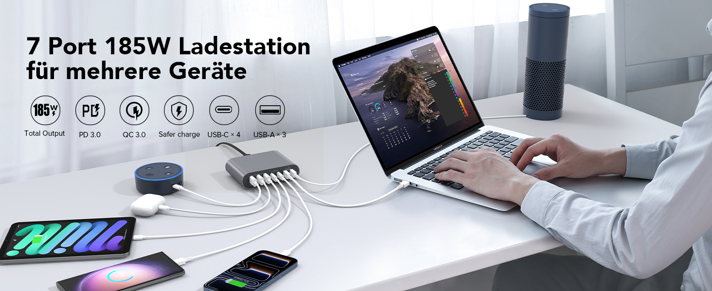 Зарядний пристрій USB-C 185W, мережевий адаптер 7 портів PD3.0 + QC3.0 для MacBook Pro/Air, iPhone 17/16/15 Pro Max, Samsung Galaxy S23/Note20 (Сірий)