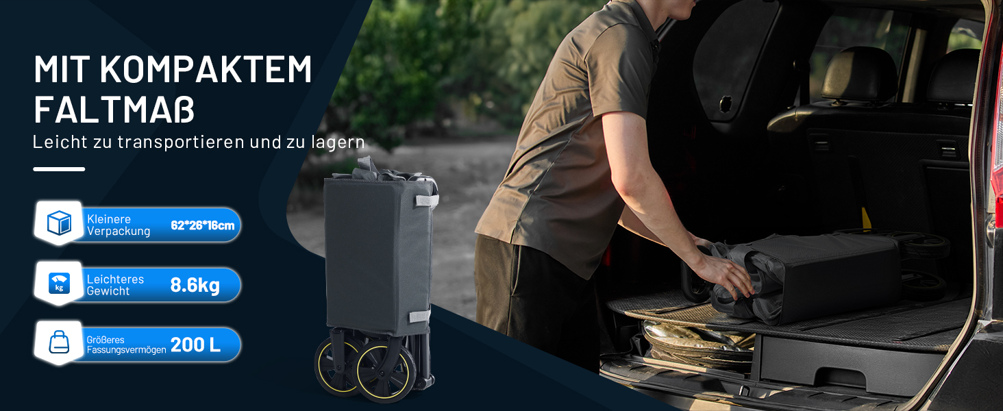 Універсальний складаний візок Timber Ridge Bollerwagen 200L з підсклянником, регульованою ручкою, для пляжу, кемпінгу, саду, максимальне навантаження 150 кг (Сірий)
