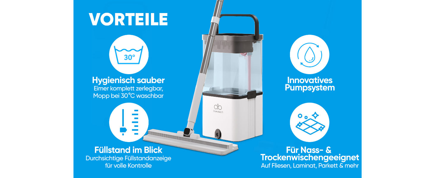 Набір для миття підлоги Wischmopp з відром – моп з 2-камерною системою та функцією відкачування – гігієнічний набір для прибирання – 2,5 л – білий
