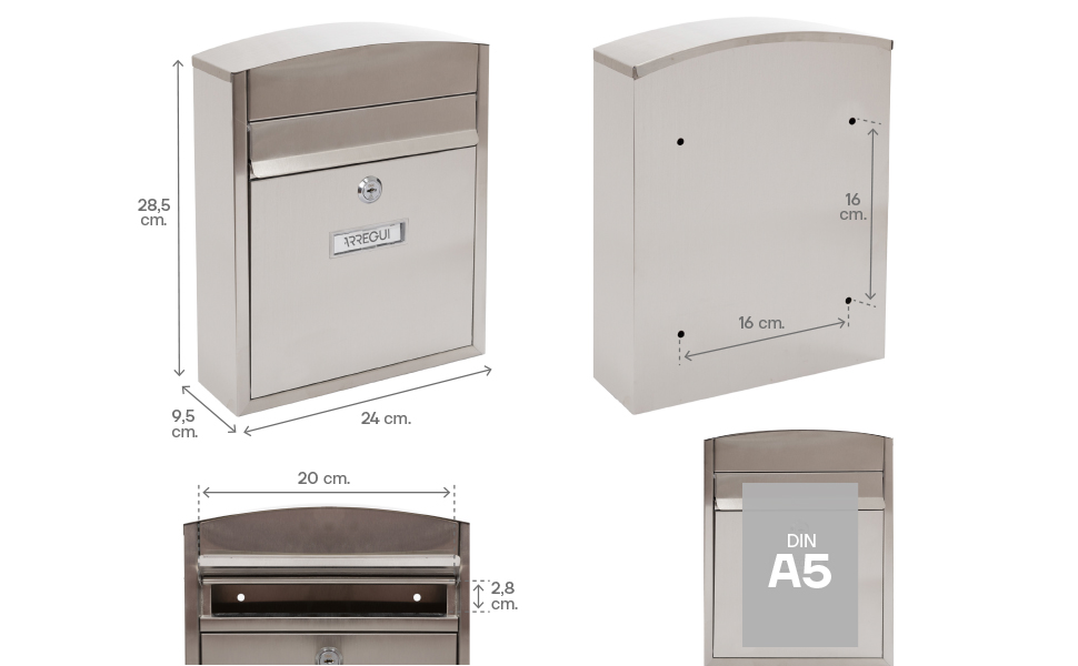 Поштовий ящик ARREGUI Compact E5731 сталевий оцинкований, білий (нержавіюча сталь), розмір S (DIN A5), настінний, водонепроникний, з табличкою для імені, 2 ключі, легкий монтаж