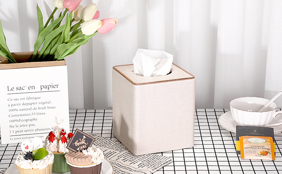 Скляна тканинна коробка BTSKY квадратної форми з декоративною золотою лінією - органайзер для серветок, бежевий