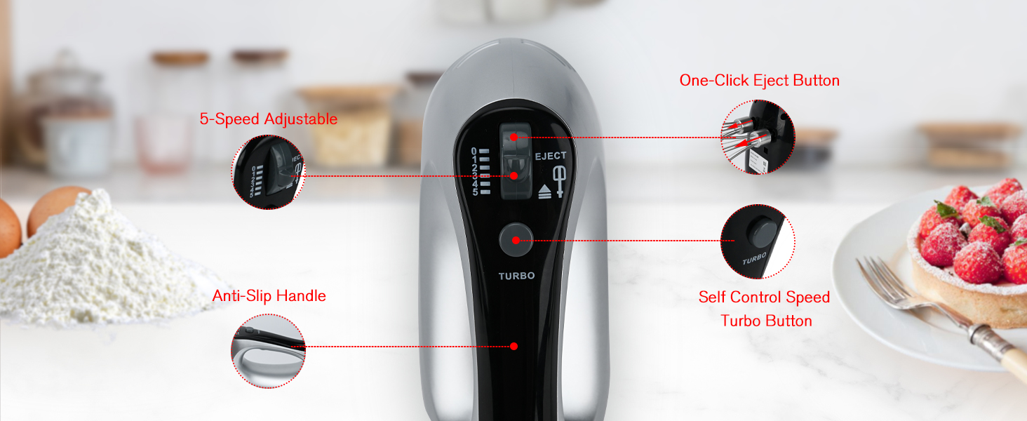 Електричний міксер Lychee з анти-розбризкуванням, 5 швидкостей (Turbo), база для зберігання, 6 насадок з нержавіючої сталі, 300W