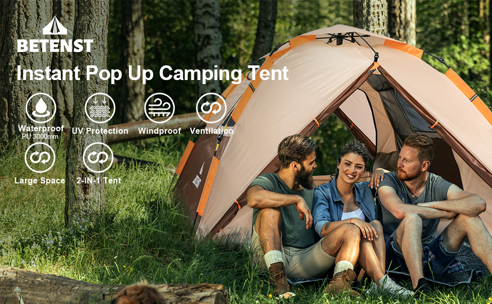 Намет BETENST для кемпінгу, автоматичний Pop Up, 3-місний сімейний купольний, водонепроникний і вітростійкий, з 2 москітними дверима і 2 вікнами, двошаровий, у комплекті з сумкою для перенесення, для кемпінгу, туризму, походів