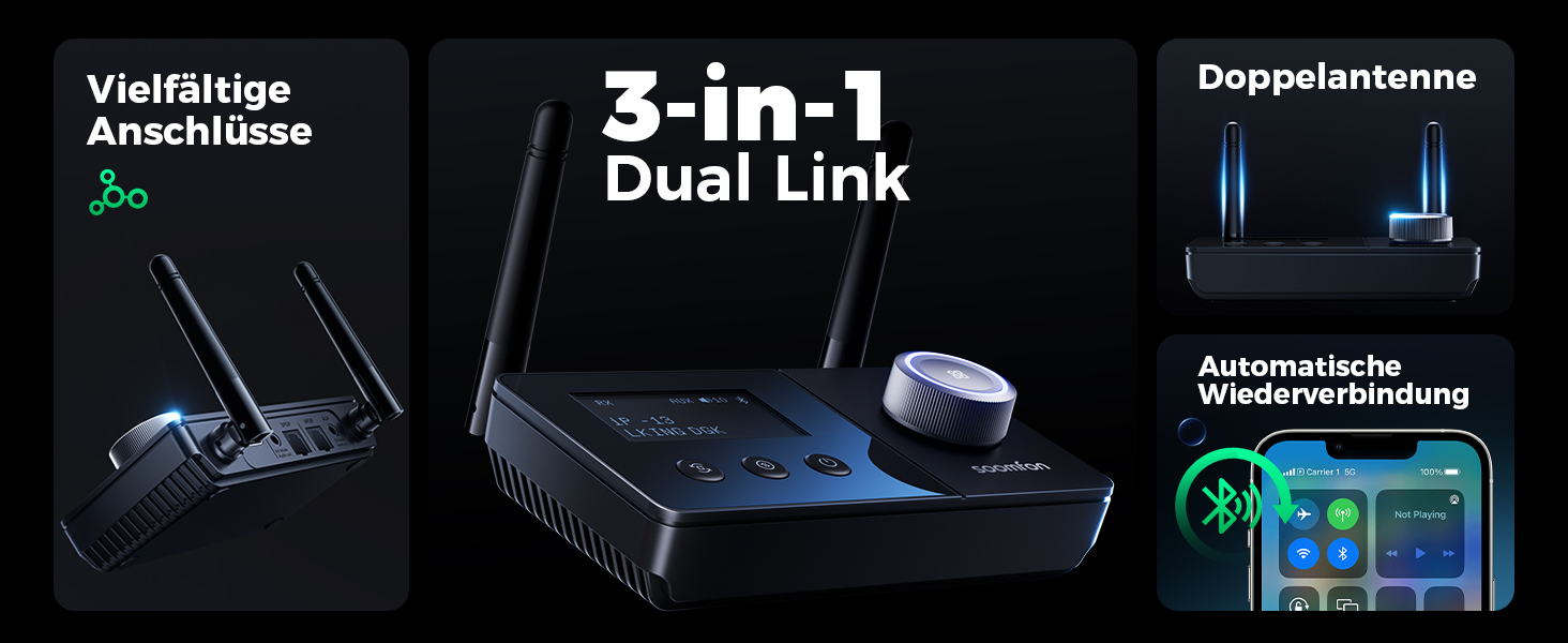SOOMFON Bluetooth 5.3 Передавач-Приймач для 2 навушників, 3-в-1 Аудіоадаптер з подвійною антеною, Bluetooth Передавач-Приймач для ТВ/Стереосистеми, з регулюванням гучності, Aux/Cinch/Оптичний