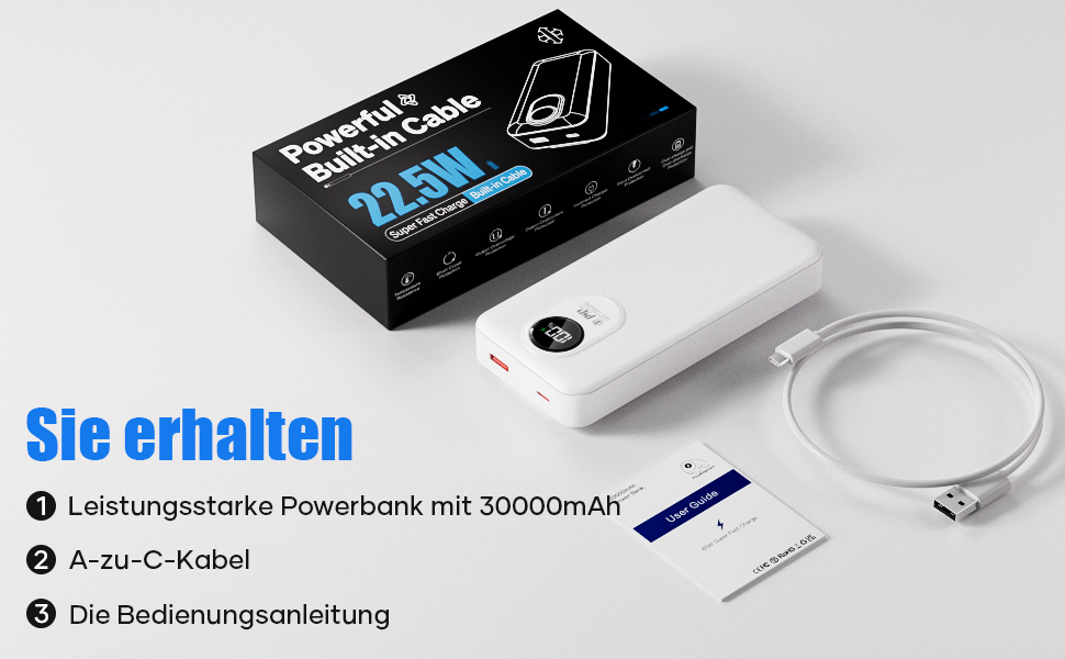 Power Bank 30000mAh з вбудованим кабелем: Швидка зарядка PD 22.5W, зовнішній акумулятор з великою ємністю, 4 виходи та 2 входи