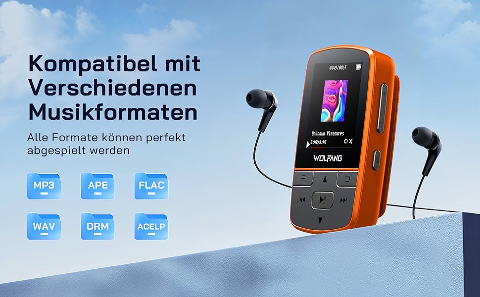 MP3-плеєр WOLFANG 64GB Bluetooth 5.2, помаранчевий: Спорт-кліпса, Hi-Fi радіо, диктофон, навушники в комплекті
