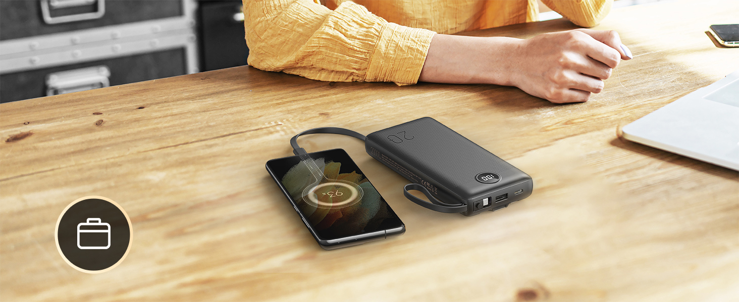 Power Bank 10000mAh з LED дисплеєм та інтегрованими кабелями. Сумісний з iPhone, iPad, Samsung, Xiaomi, Google Pixel. Чорний