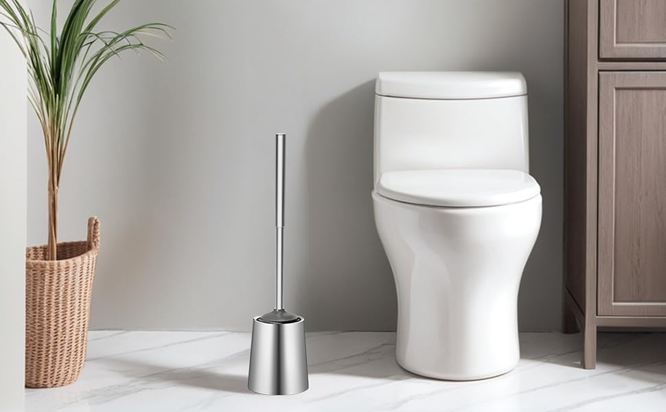 Торцева щітка для унітазу з нержавіючої сталі 304, довговічна та надійна, сучасний дизайн, змінний насадок, ідеальна для дому, офісу, готелю та квартири (геованізоване срібло), щітка з щетиною