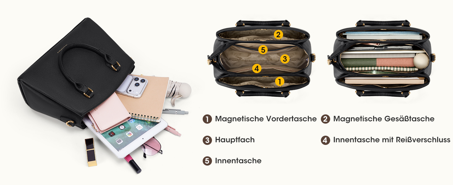 Сумка жіноча RAINSMORE середнього розміру з PU шкіри, чорна. З ручкою та знімним ременем, для планшета 11 дюймів, для роботи та шопінгу