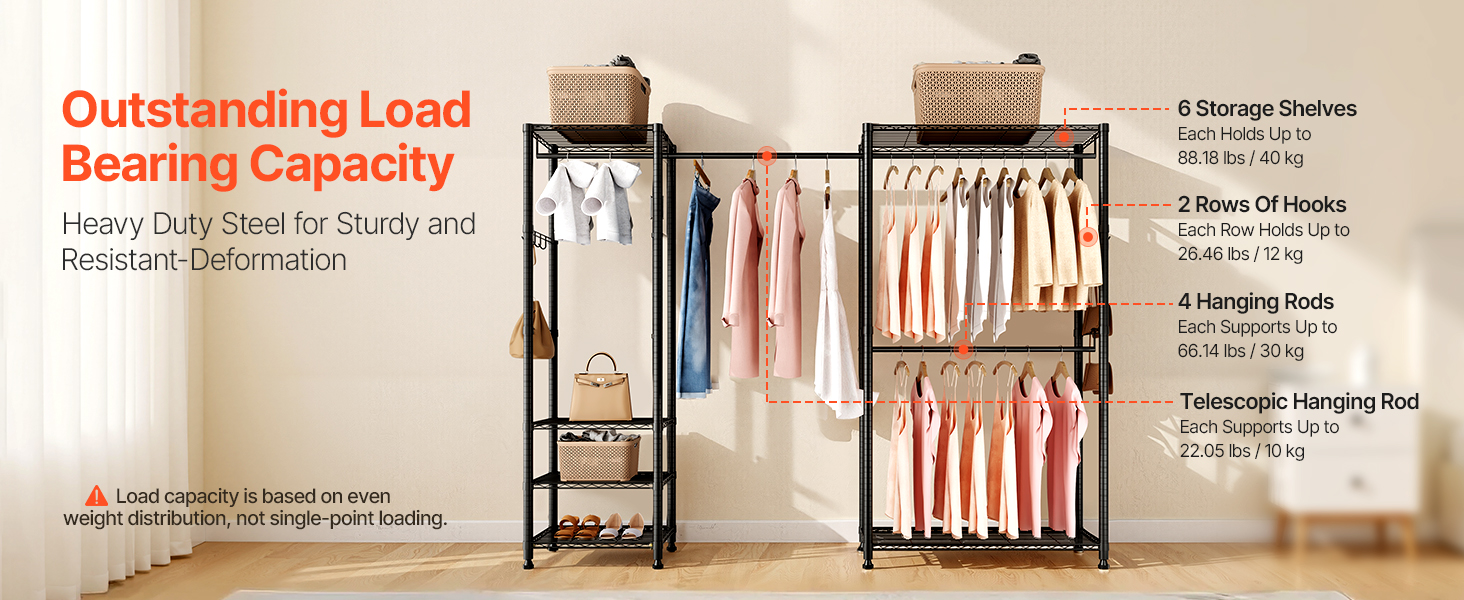 Вешалка для одягу VEVOR з 4 перекладинами, 8 гачками та 6 полицями, 385,5 кг вантажопідйомність, відкрита шафа для одягу