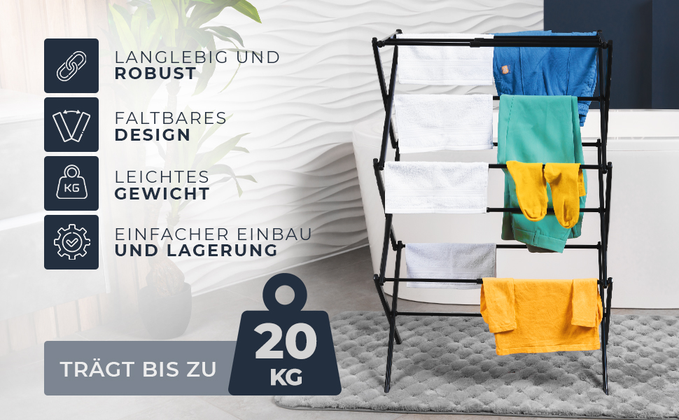 Сушарка для білизни складана, міцна, 6 рівнів, чорна (біла/чорна) - для балкону та дому