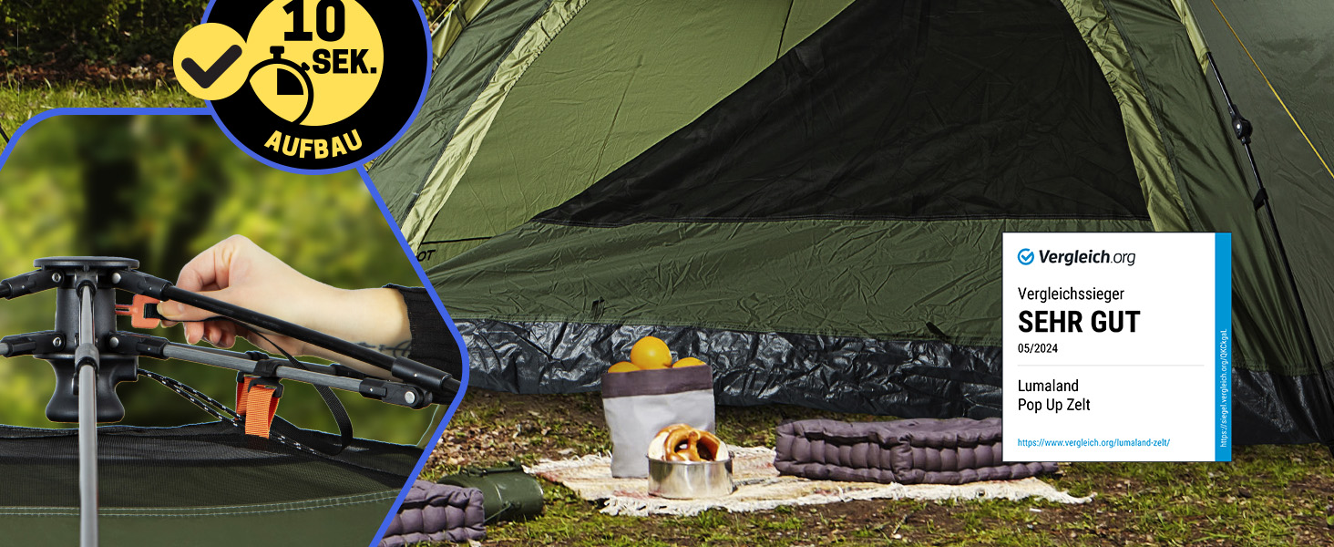 Намет садовий Lumaland Outdoor 2,5x2,5 м водонепроникний з UV-захистом, зелений, з бічною стінкою, сумкою та кілочками, швидке встановлення 2 хвилини, для кемпінгу та вечірок