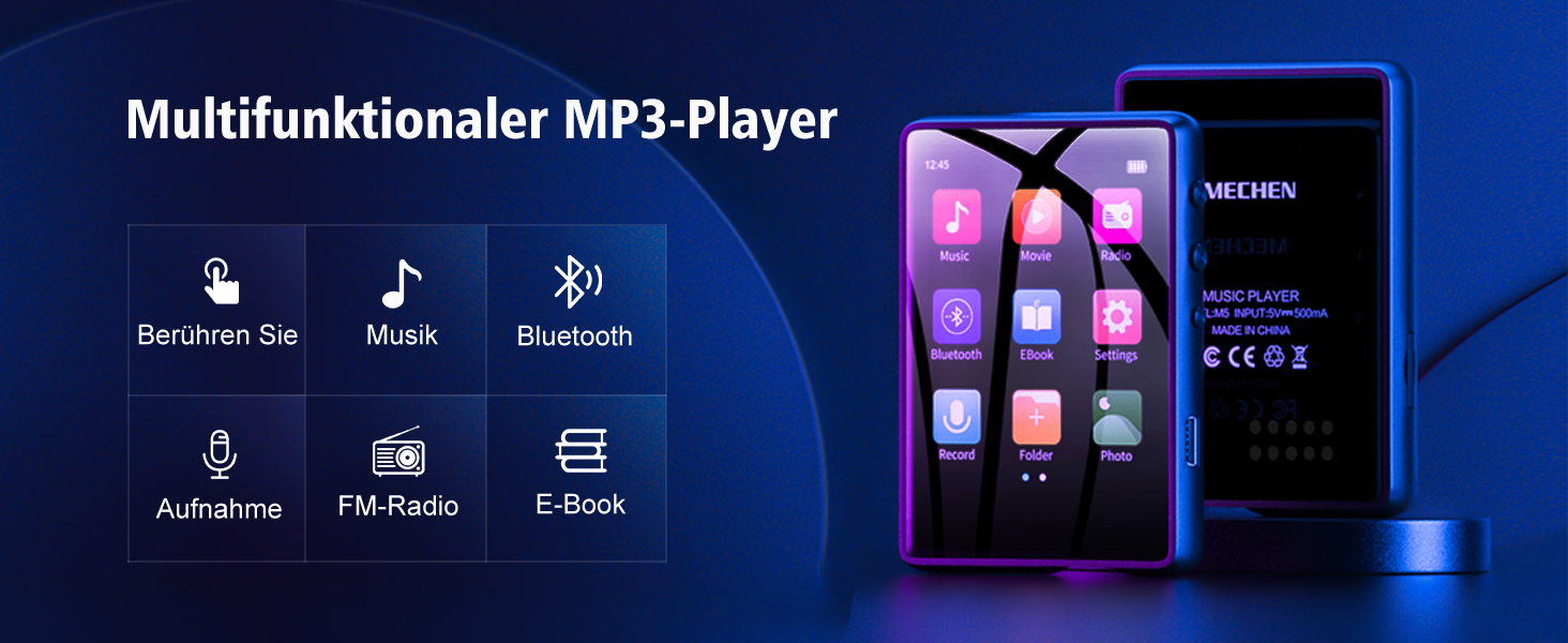 MP3 плеєр Mechen Bluetooth 32GB з динаміком, USB-C, FM-радіо, записом, Hi-Fi звук, тривалий час роботи, підтримка карт пам'яті, чорний