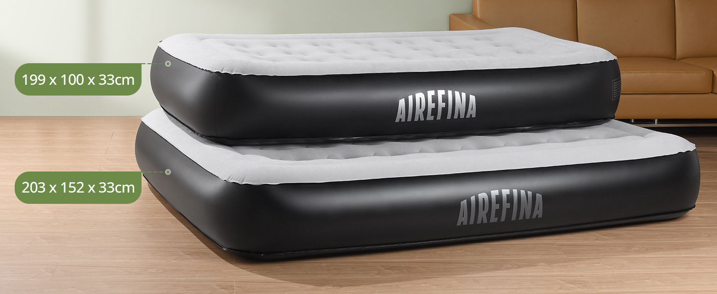 Надувне ліжко Airefina для 1-2 осіб з вбудованим насосом, 99x190x46 см та 203x152x33 см, до 295 кг, з сумкою для перенесення