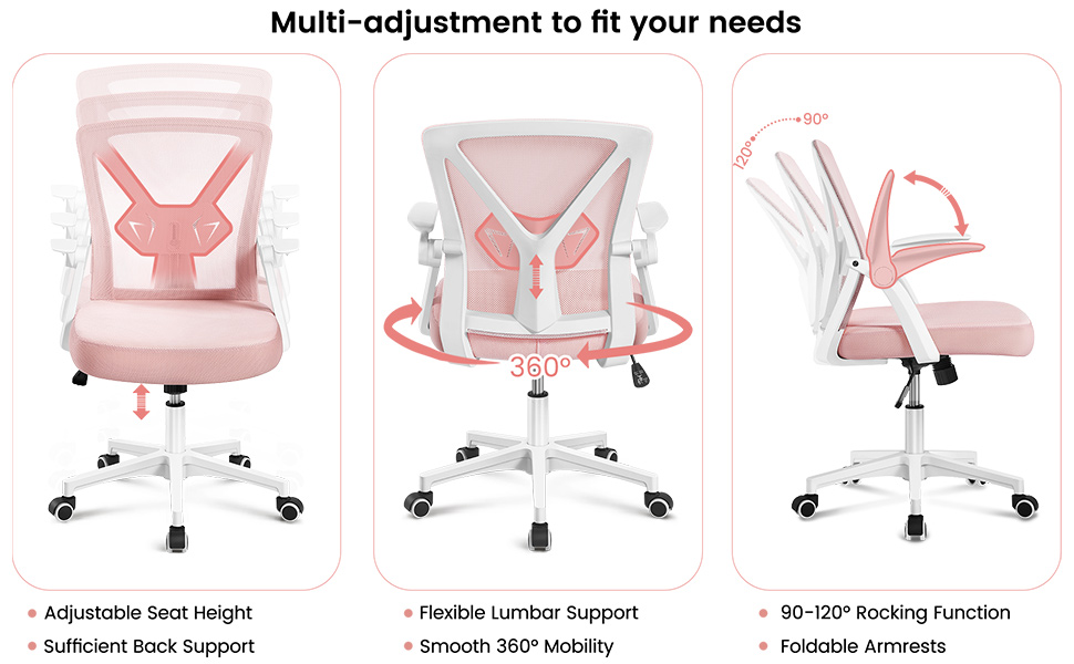 Офісне крісло Yaheetech з підйомними підлокітниками, сітчасте, ергономічне, з підтримкою попереку, функцією гойдання та регулюванням висоти (Рожеве)