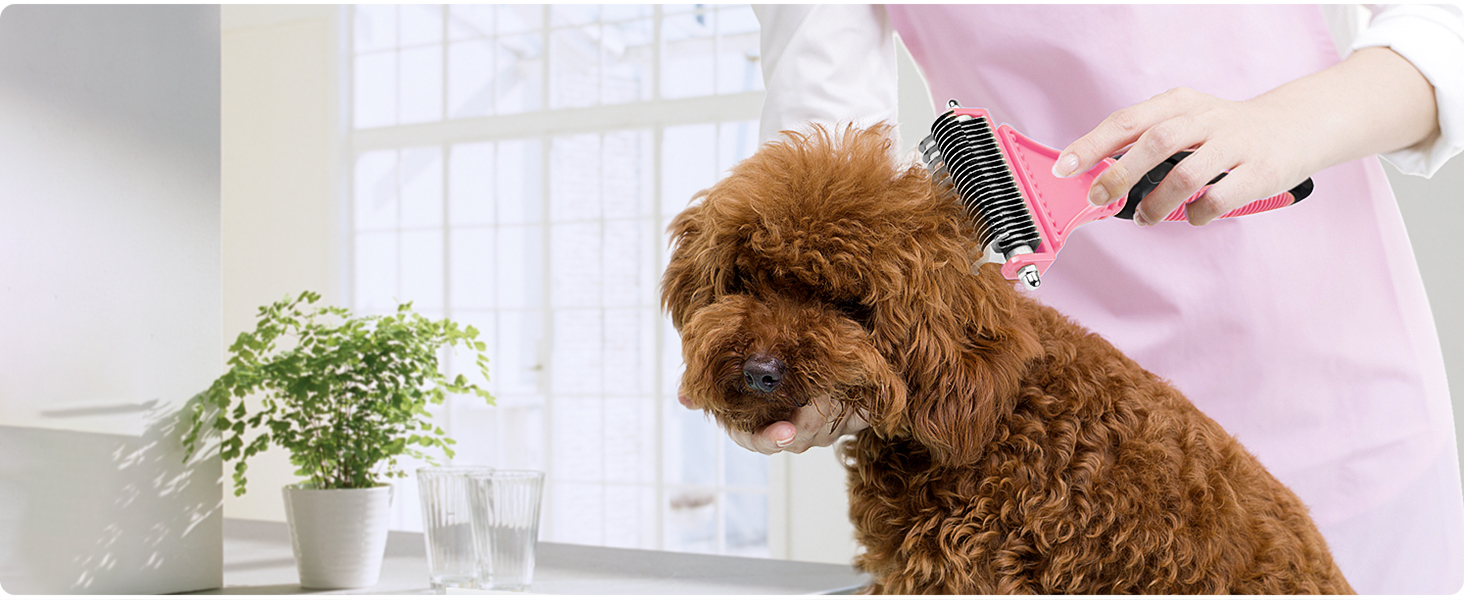 Щітка для собак та котів, 12+23 зубчики, сталевий гребінець для видалення шерсті, двостороння, проти ковтання, для собак, велика, рожева