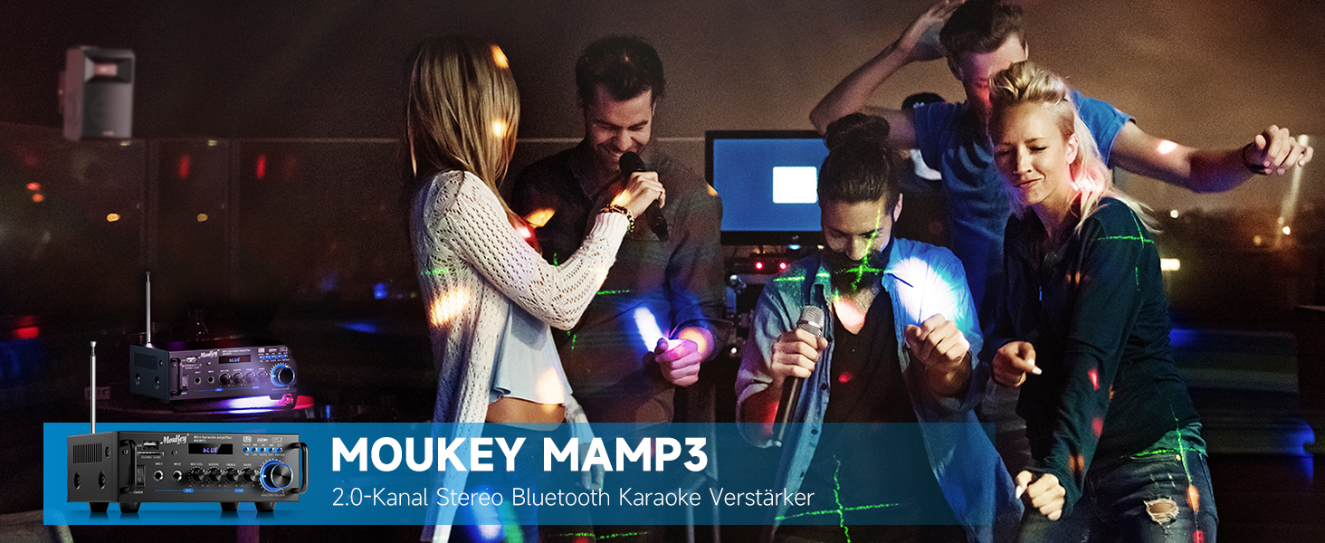 Стерео Bluetooth караоке підсилювач Moukey 2.0 каналів, 100Вт, Hi-Fi, RCA, USB, SD, 2 мікрофонні входи, FM-радіо для авто та дому