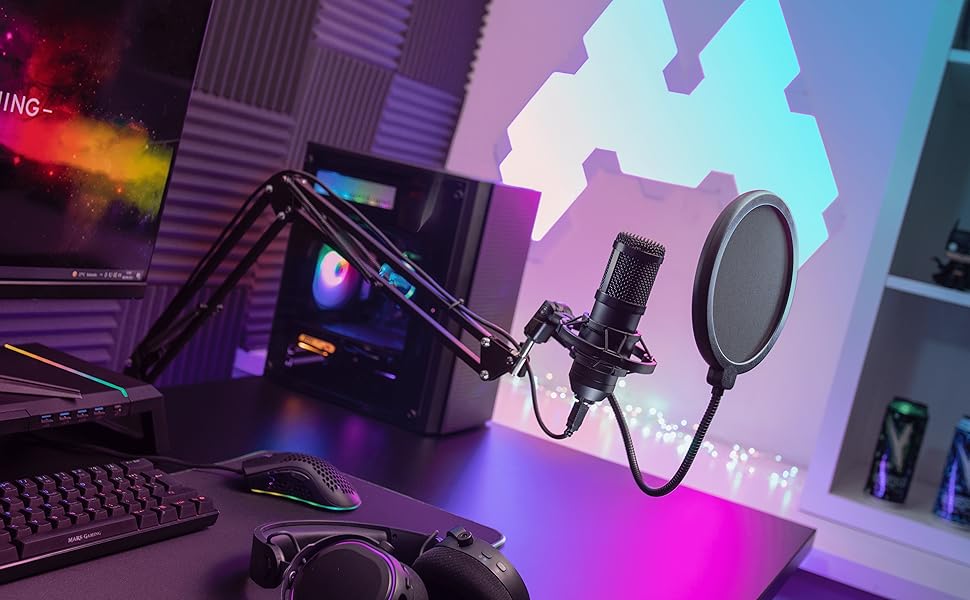 Мікрофон Mars Gaming MMIC-XT: Професійний студійний мікрофон з високою чіткістю 192Khz 24-bit, Kugelarm, антишоковий кріплення, поп-фільтр з металевої сітки, чорний