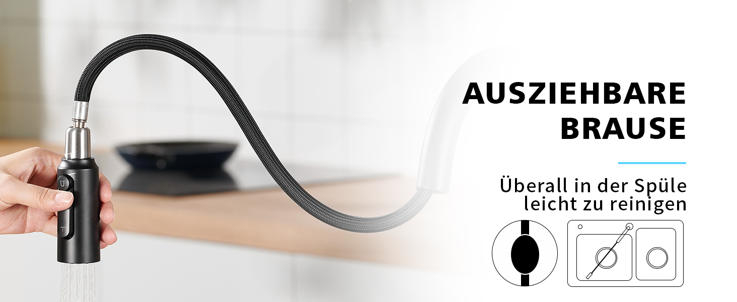 Кухонний змішувач CREA з висувною лійкою, 360° обертання, 3-х режимний, матовий чорний