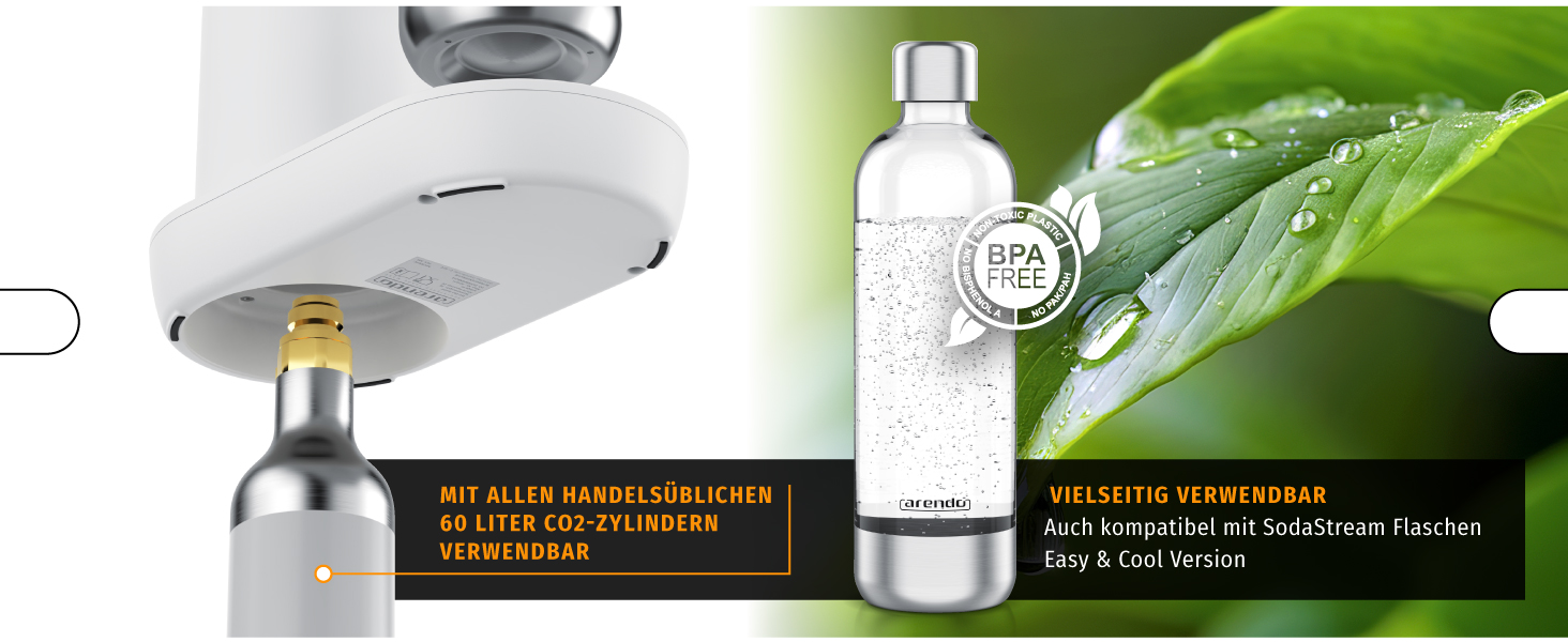 Arendo Soda Maker - Газова вода вдома: приготуйте газовану воду без цукру та барвників! Сумісний з CO2 балонами 60 л, пляшка 1000 мл, BPA free