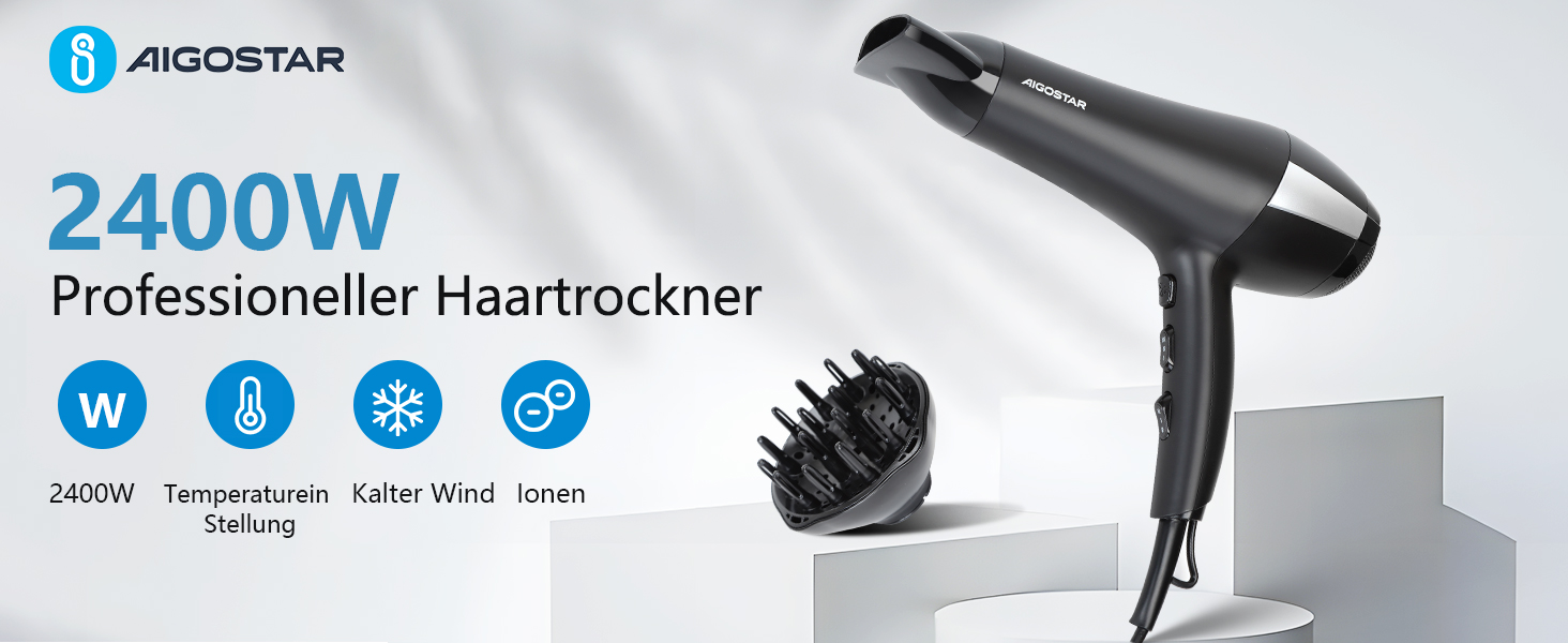 Фен Aigostar Monique 2400W з іонізацією, професійний, чорний, з насадкою-дифузором та аксесуарами
