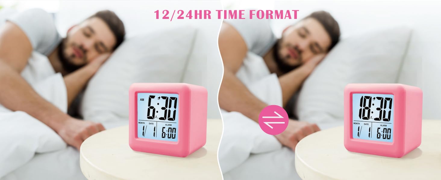 Цифровий туристичний годинник Plumeet з будильником, софт-нічником та великим дисплеєм, рожевий