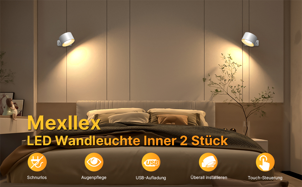 LED настінне освітлення Mexllex: 2 шт., USB-зарядка, 3 кольори, 3 режими яскравості, 360° поворот, сенсорне керування, бездротове, білий