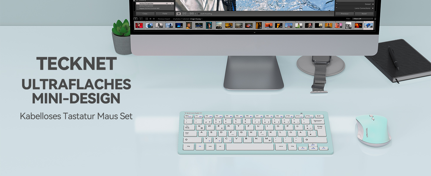 Бездротова клавіатура та миша TECKNET QWERTZ, 2.4 GHz, 15м, тиха, для ПК, ноутбука, Smart TV, білий (зелений)