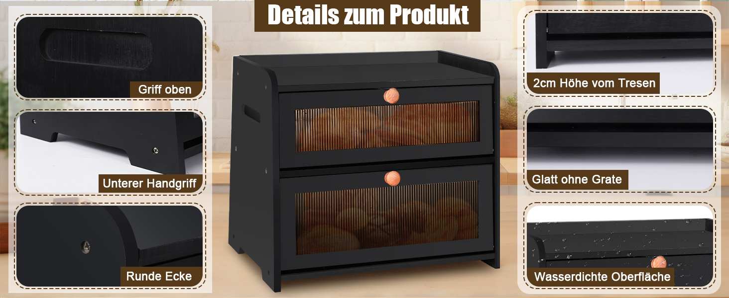 Бак для хліба з бамбука для кухні, 2-шаровий контейнер для домашнього хліба, чорний прямокутний, велика місткість