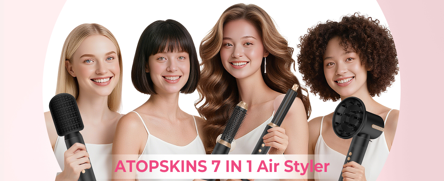 Atopskins 7-в-1 Airstyler: професійний набір для укладки волосся, 110000 об/хв, 1400 Вт. Фен-щітка, локон, випрямляч, іонізація. Для об'єму, сушіння та укладки. Чорний та золотий колір.
